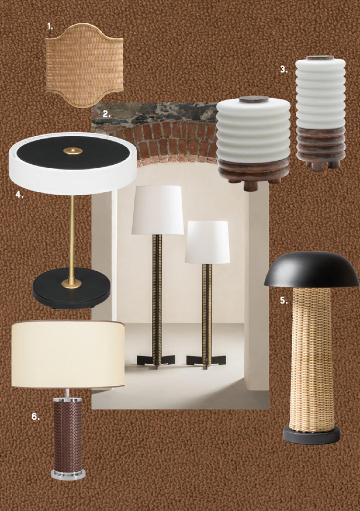 1. Giobagnara, Orion wall lamp | 2. Giobagnara x Stephane Parmentier, Rhapsody floor lamp  | 3. Giobagnara x Stephane Parmentier, Scala table lamp | 4. Giobagnara, Fly large table lamp | 5. Giobagnara x Stephane Parmentier, Duomo reading light| 6. Giobagnara, Flavia handwoven table lamp by Riviere