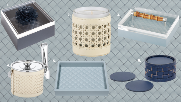 1 - Riviere Fleur Dahlia Diamonds Square Box (Large) | 2 - Riviere Ester Hand-Braided Candle Holder | 3 - Riviere Frida Diamonds Rectangular Box | 4 - Riviere Menfi Handwoven Ice Bucket | 5 - Riviere Febe Diamonds Rectangular Valet Tray | 6 - Riviere Barcellona Leather Outdoor Coaster Holder